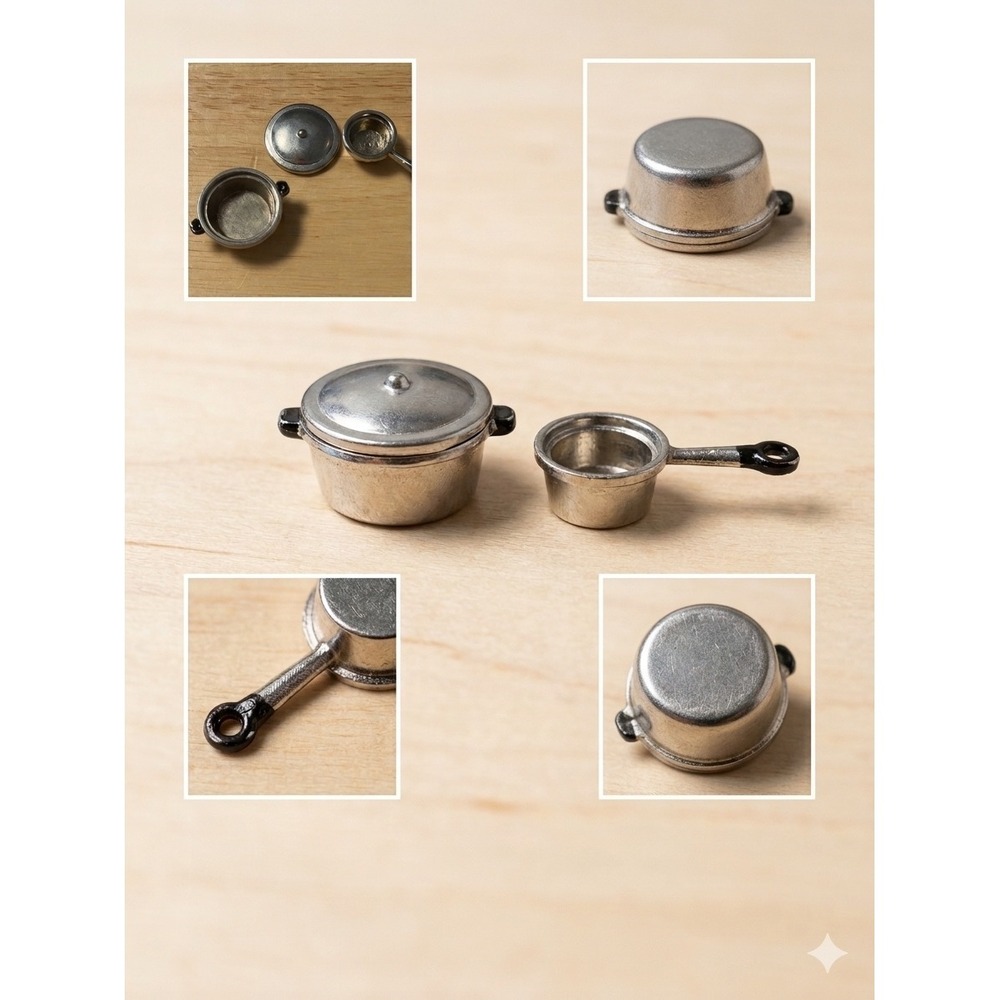Vtg Miniature Dollhouse Silver Metal Pot w Lid Saucepan‎ Kitchen Set 1:12 Scale